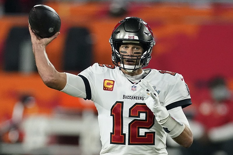 FILE - Tampa Bay Buccaneers quarterback Tom Brady throws against the Kansas City Chiefs during the first half of the NFL Super Bowl 55 football game in Tampa, Fla., in this Sunday, Feb. 7, 2021, file photo. 