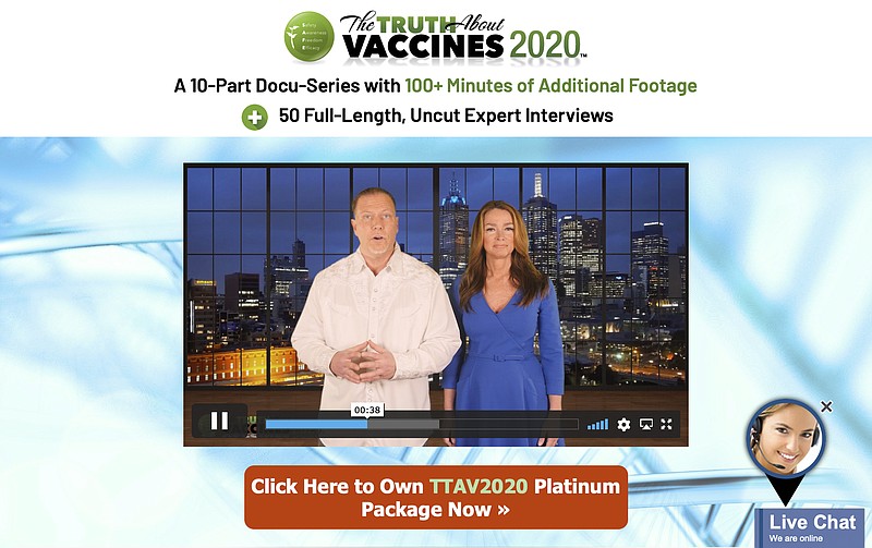 This Wednesday, May 12, 2021 image shows a website featuring Ty and Charlene Bollinger advertising their video series, "The Truth About Vaccines 2020." The Bollingers are part of an ecosystem of for-profit companies, nonprofit groups, YouTube channels and other social media accounts that stoke fear and distrust of COVID-19 vaccines, resorting to what medical experts say is often misleading and false information. (AP Photo)