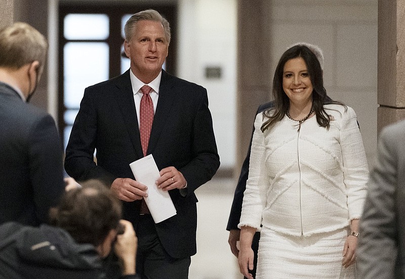 House Minority Leader Kevin McCarthy of Calif., left, and Rep. Elise Stefanik, R-N.Y., walk to speak with reporters on Capitol Hill Friday, May 14, 2021, in Washington. (AP Photo/Alex Brandon)


