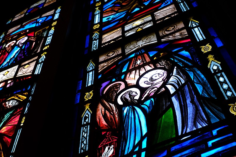 Staff photo by Wyatt Massey / A stained glass window depicting the baby Jesus is pictured at Lookout Mountain Presbyterian Church on April 21, 2021. For the past two years, the church has been handling allegations of sexual abuse of children against two former interns who worked at the church decades ago.