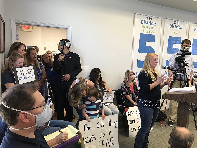 Staff photo by Anika Chaturvedi | Hamilton County parent Angie Nunley addressed the Hamilton County school board on Thursday, May 13, 2021 in Chattanooga. Nunley said her daughter experienced dizziness as a result of wearing a mask at school.