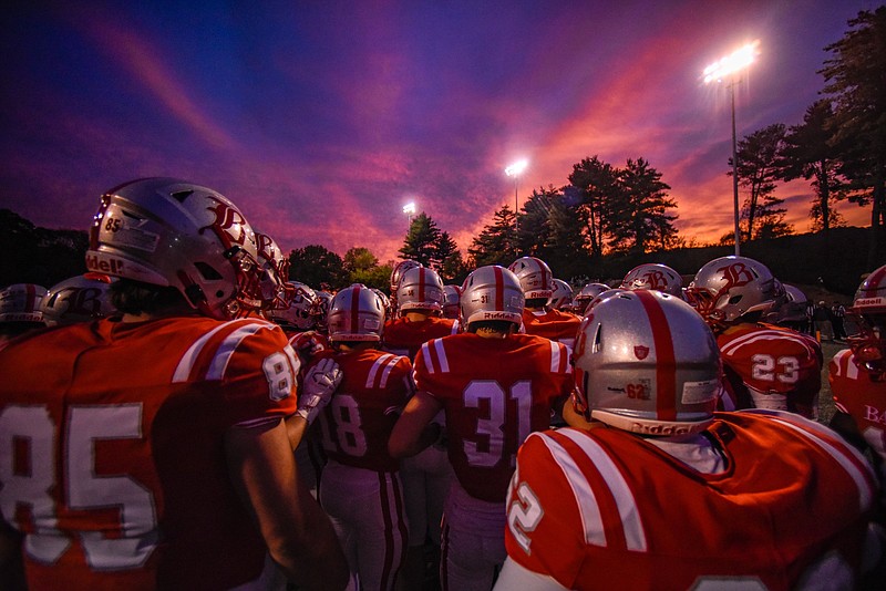 Photo by Cade Deakin/ The Baylor Red Raiders huddle up during pre game warmups. The Knoxville Catholic Fighting Irish visited the Baylor Red Raiders in TSSAA football action on October 18, 2019.