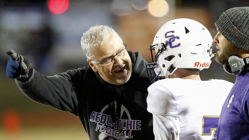 Staff photo by C.B. Schmelter / Sequatchie County head coach Mark Wattenbarger yells at Austin McCurry (7) during their game against Red Bank in the first round of the TSSAA Class 3A playoffs at Red Bank Community Stadium on Friday, Nov. 8, 2019 in Chattanooga, Tenn.