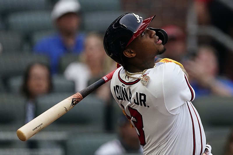 Atlanta Braves right fielder Ronald Acuna Jr. (13) is shown during a baseball game against the New York Mets Monday, May 17, 2021, in Atlanta. (AP Photo/John Bazemore)


