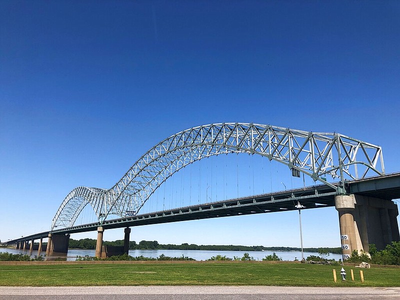 This photo shows the Interstate 40 Bridge linking Tennessee and Arkansas on Friday, May 14, 2021, in Memphis, Tenn. The bridge has been closed since a crack in the span was found on May 11. Arkansas transportation officials said Tuesday, May 18 that an inspector who failed to discover the crack has been fired. (Adrian Sainz/Associated Press)