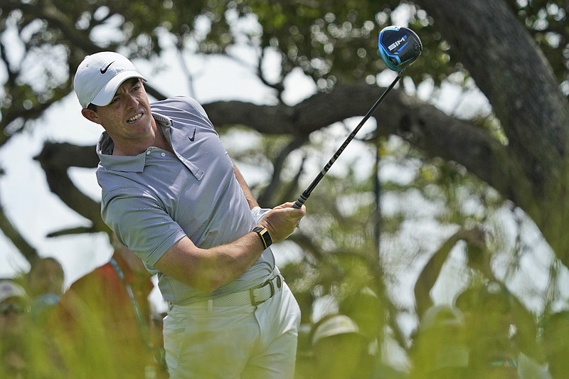 Rory McIlroy, of Northern Ireland, watches his tee shot on the seventh hole during a practice round at the PGA Championship golf tournament on the Ocean Course Wednesday, May 19, 2021, in Kiawah Island, S.C. (AP Photo/Matt York)