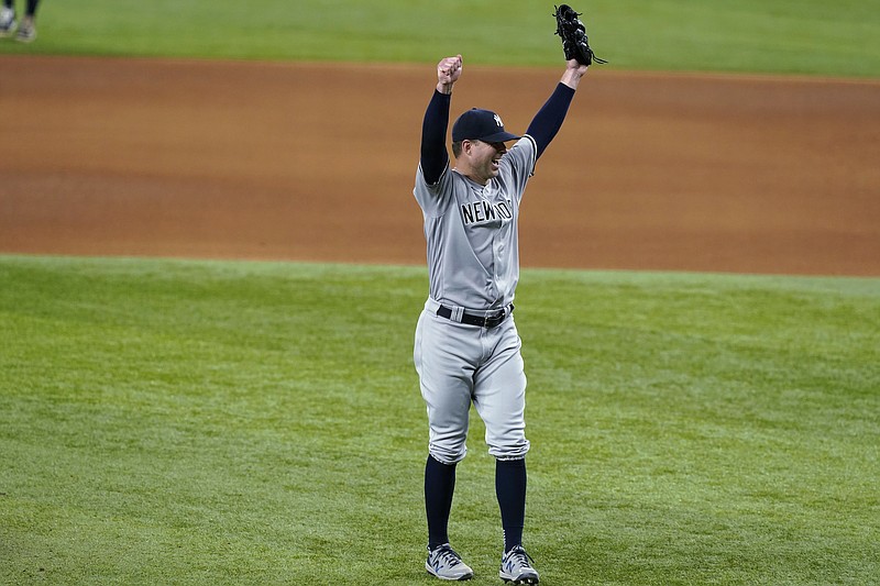 AP photo by Tony Gutierrez / New York Yankees starter Corey Kluber celebrates after the final out of his no-hitter Wednesday night against the Texas Rangers in Arlington.