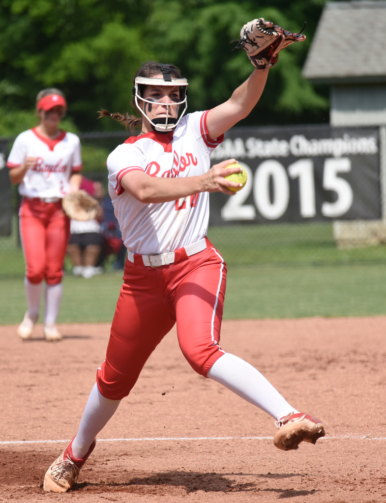 Staff Photo by Matt Hamilton / Baylor (26) Raven Jones fires a pitch during the fourth inning of the first game against Briarcrest at Baylor School on Friday, May 21, 2021.