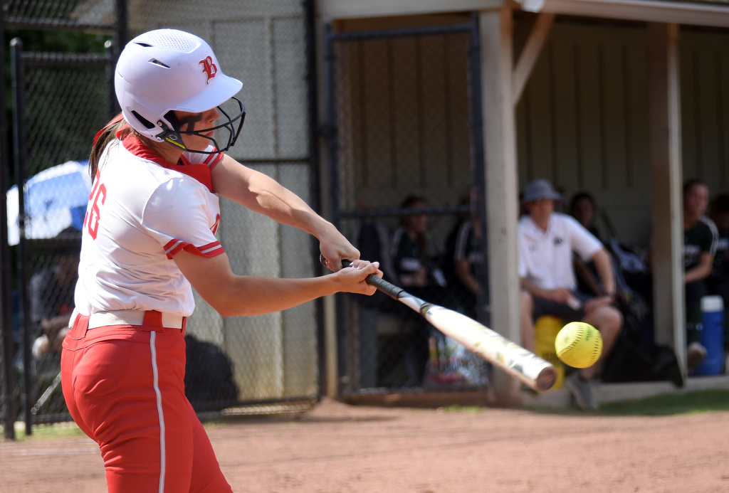 Staff Photo by Matt Hamilton / Baylor (26) Raven Jones connects with a pitch in the top of the first inning of the second game against Briarcrest at Baylor School on Friday, May 21, 2021.