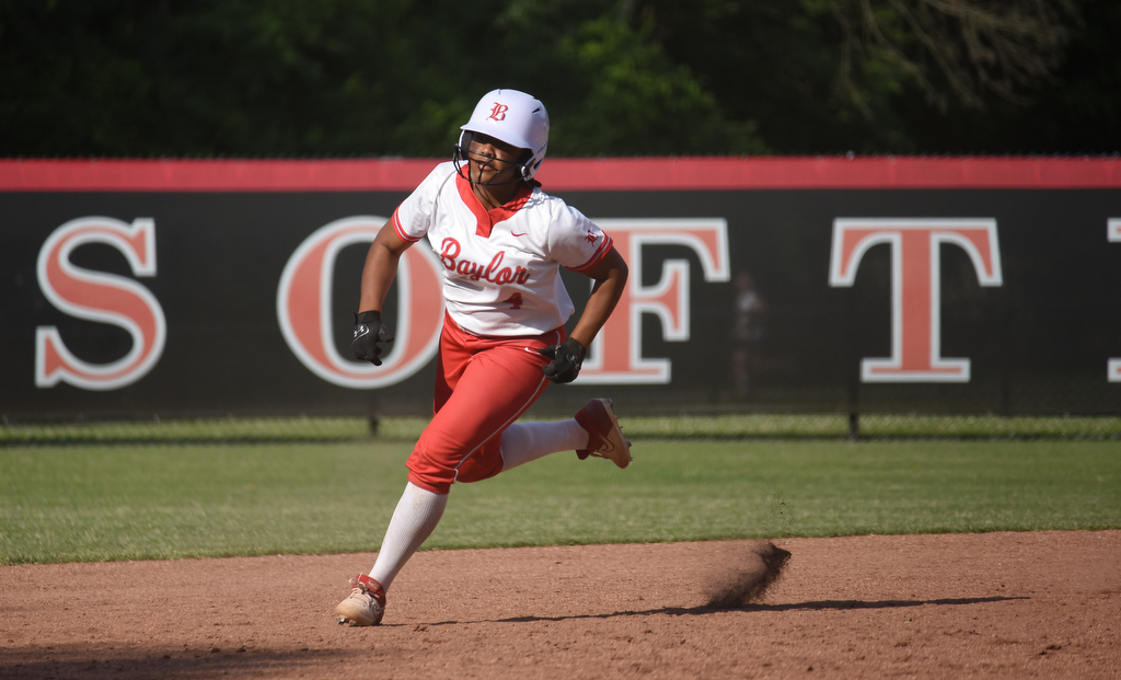 Staff Photo by Matt Hamilton / Baylor (4) Couriyah Stegall rounds second for third at Baylor School on Friday, May 21, 2021.