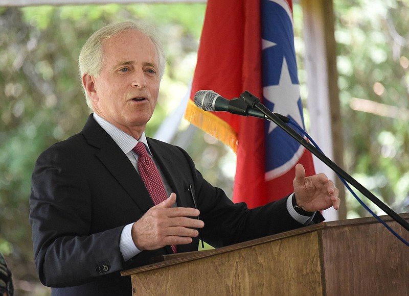 Staff Photo by Matt Hamilton / Former U.S. senator Bob Corker speaks during the memorial service for former U.S. Senator Bill Brock on Saturday, May 22, 2021 at Tennessee RiverPlace. 