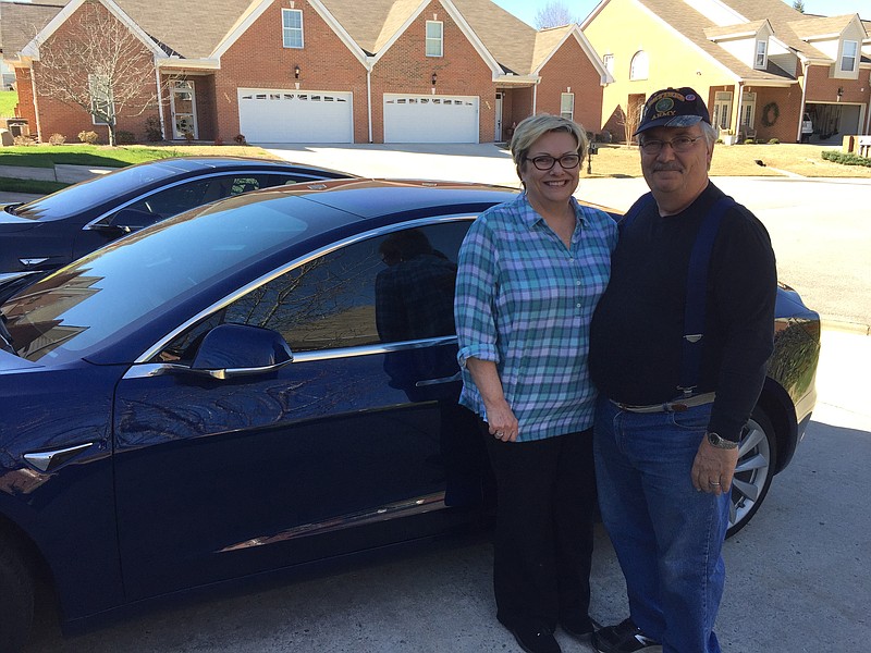 Chip and Sandy Monk, of East Brainerd, avoided the recent Colonial Pipeline gas shortage with their Tesla electric vehicles. Photo by Mark Kennedy