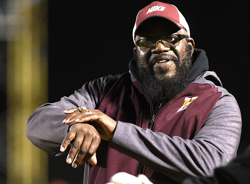 Howard head coach John Starr wants a penalty from the officials.  The Howard Hustling Tigers visited the East Hamilton Hurricanes in a TSSAA District game on October 26, 2018