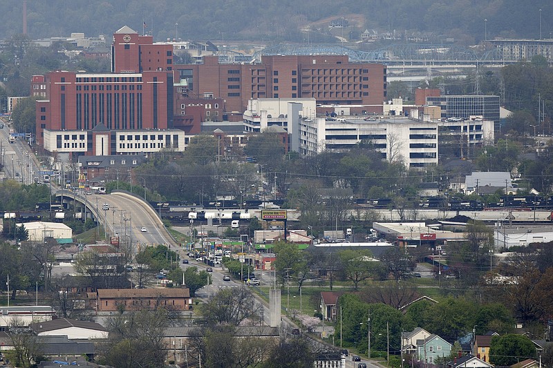 Staff photo by C.B. Schmelter / The Erlanger Baroness Campus is seen from Missionary Ridge on Friday, March 27, 2020, in Chattanooga, Tenn.