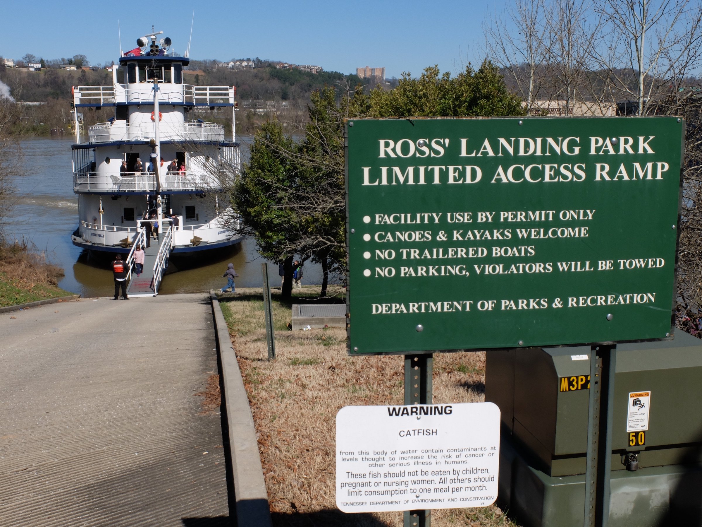 The Southern Belle riverboat powers its props to keep snug on the shoreline at the Parks and Recreation boat ramp to allow passengers to disembark the bow of the boat directly onto shore / Staff photo by Tim Barber