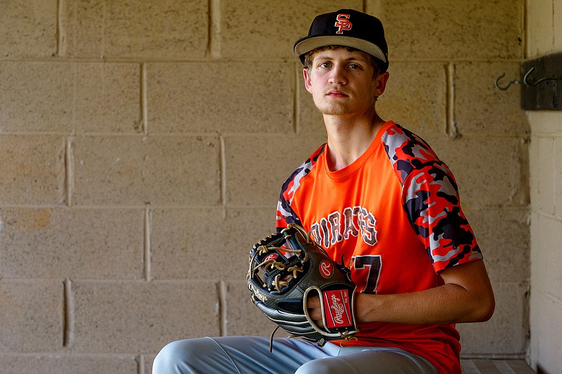 Staff photo by C.B. Schmelter / Junior baseball player Trey Mayfield poses in the dugout at South Pittsburg High School on Monday, May 24, 2021 in South Pittsburg, Tenn.