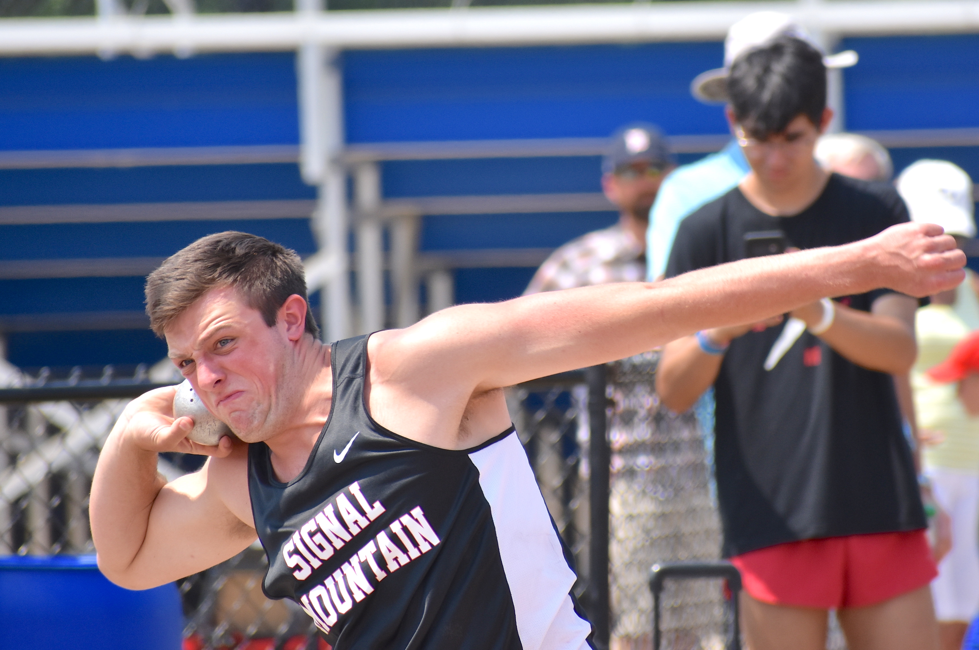 Staff photo by Patrick MacCoon / Signal Mountain shot putter Nate Menzel competes during the TSSAA Division I Small School state championship held at Rockvale High School on Tuesday.