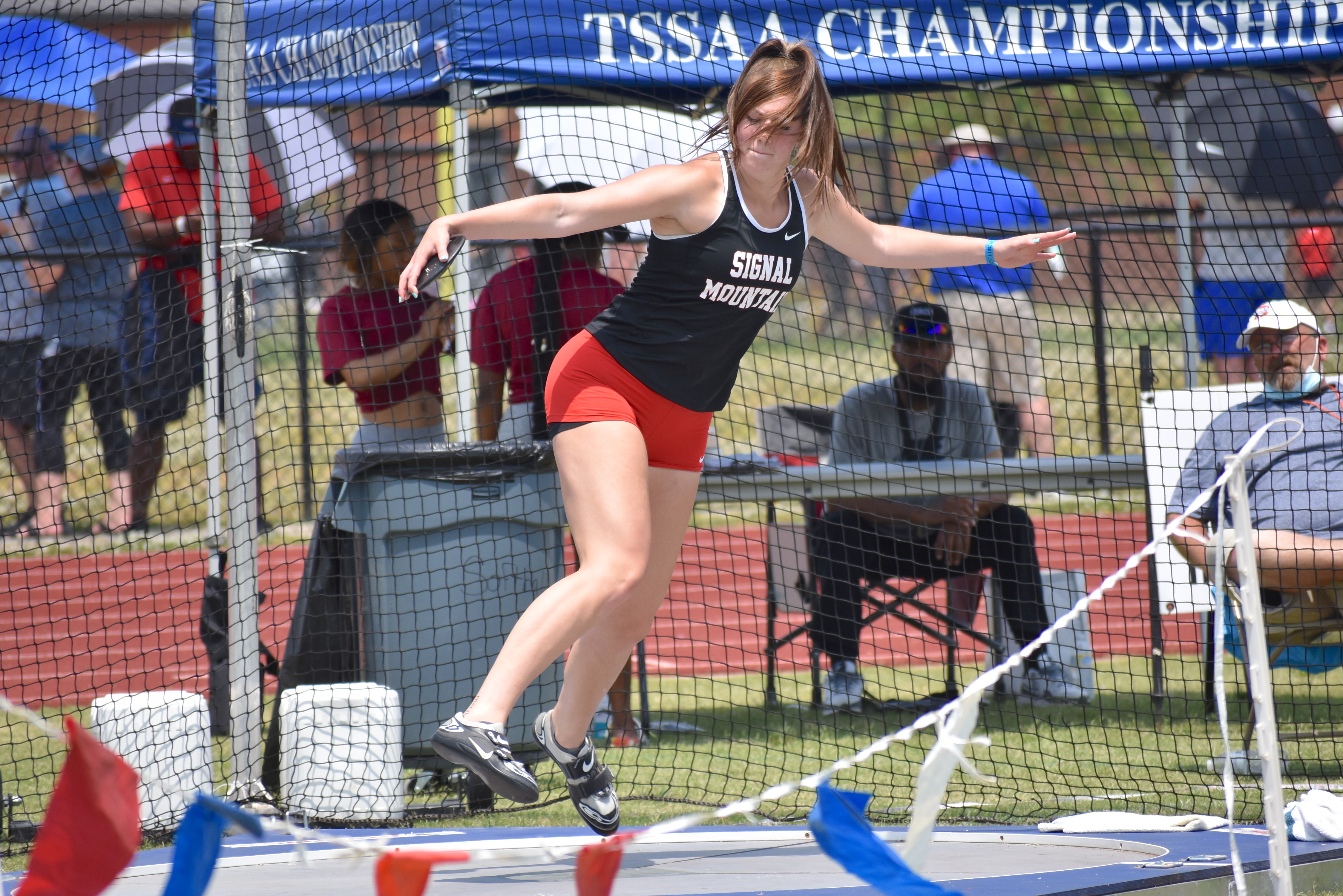Staff photo by Patrick MacCoon / Signal Mountain's Olivia Koontz competes in the TSSAA Division I Small School state championship discus competition held at Rockvale High School on Tuesday.