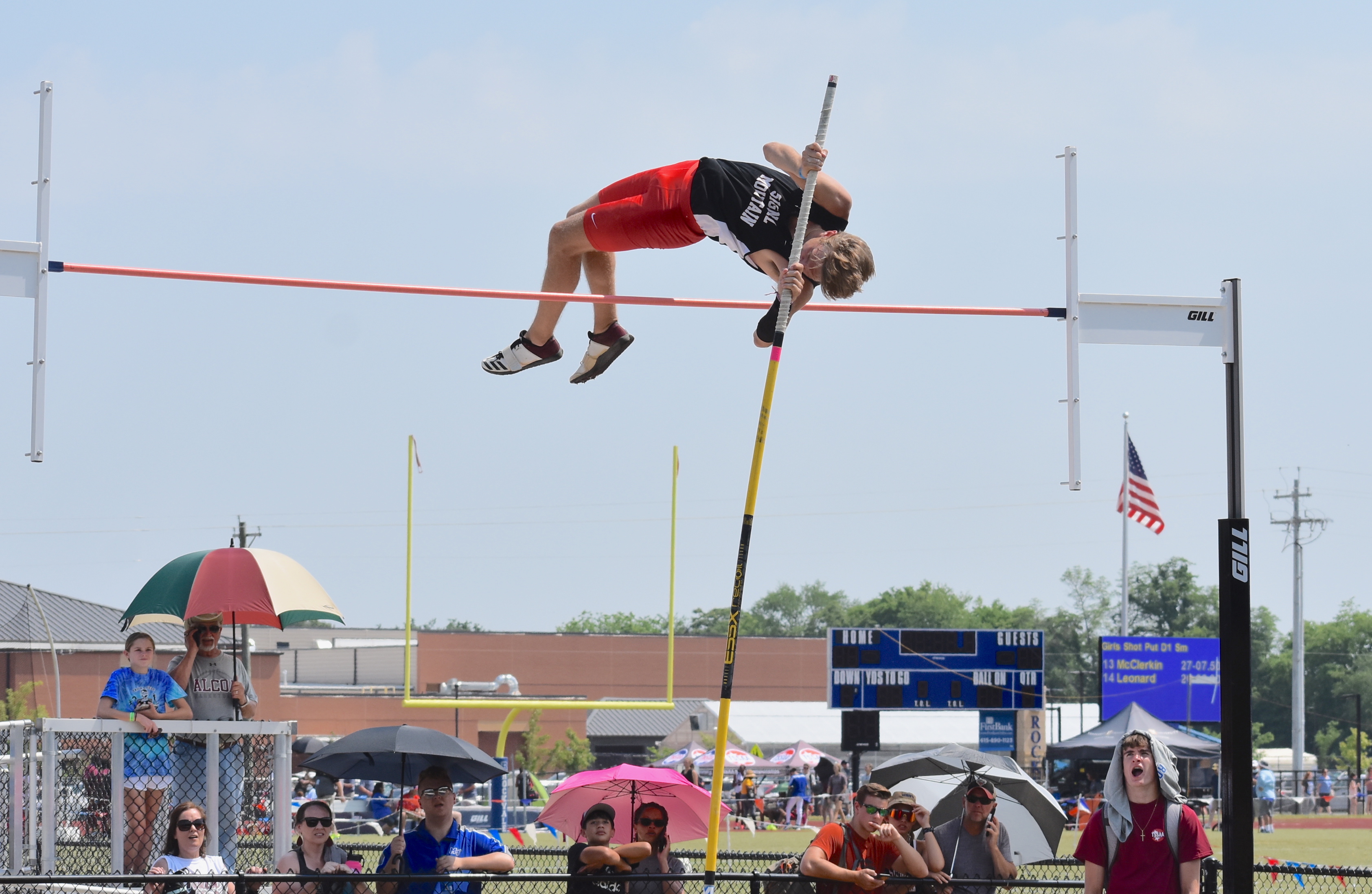 Staff photo by Patrick MacCoon / Signal Mountain's Zach Stong clears the 11-foot mark in Tuesday's TSSAA Division I Small pole vaulting championship.
