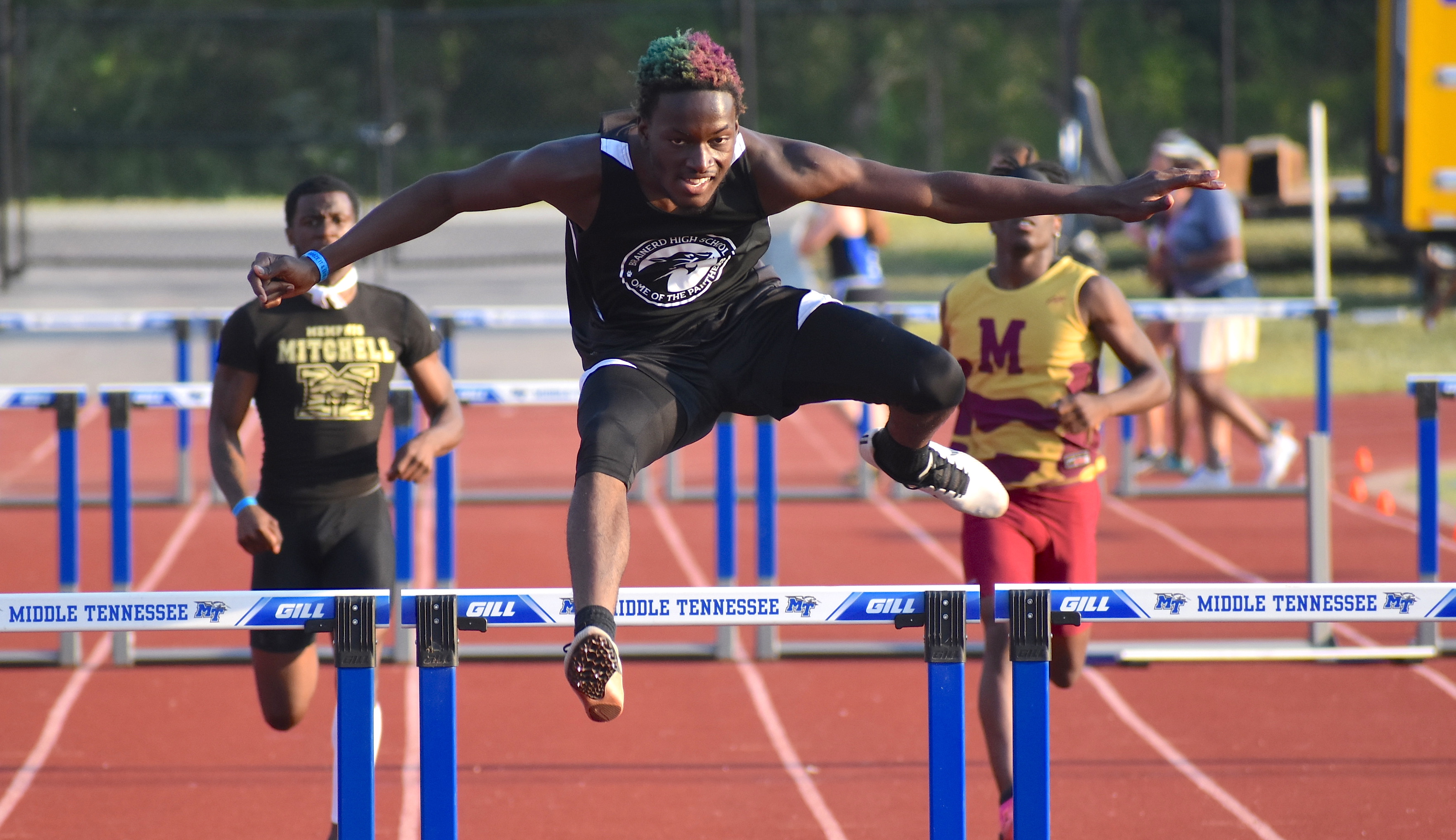 Staff photo by Patrick MacCoon / Brainerd star Montez Delaney won the 300 meter hurdle TSSAA state championship on Tuesday.