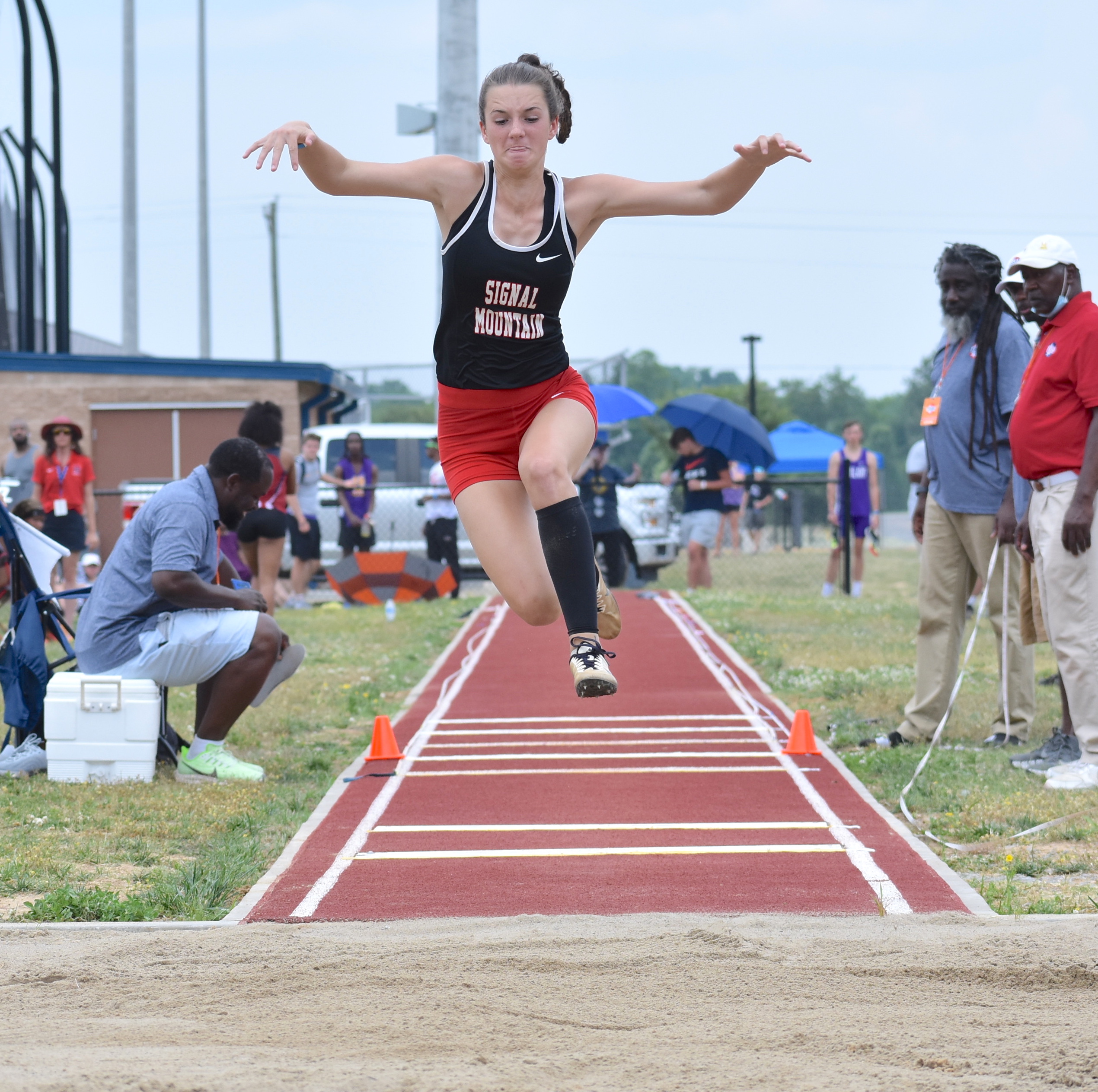 Staff photo by Patrick MacCoon / Signal Mountain junior Kara Wilson competes in the TSSAA Division I Small School triple jump championship at Rockvale High School on Tuesday.