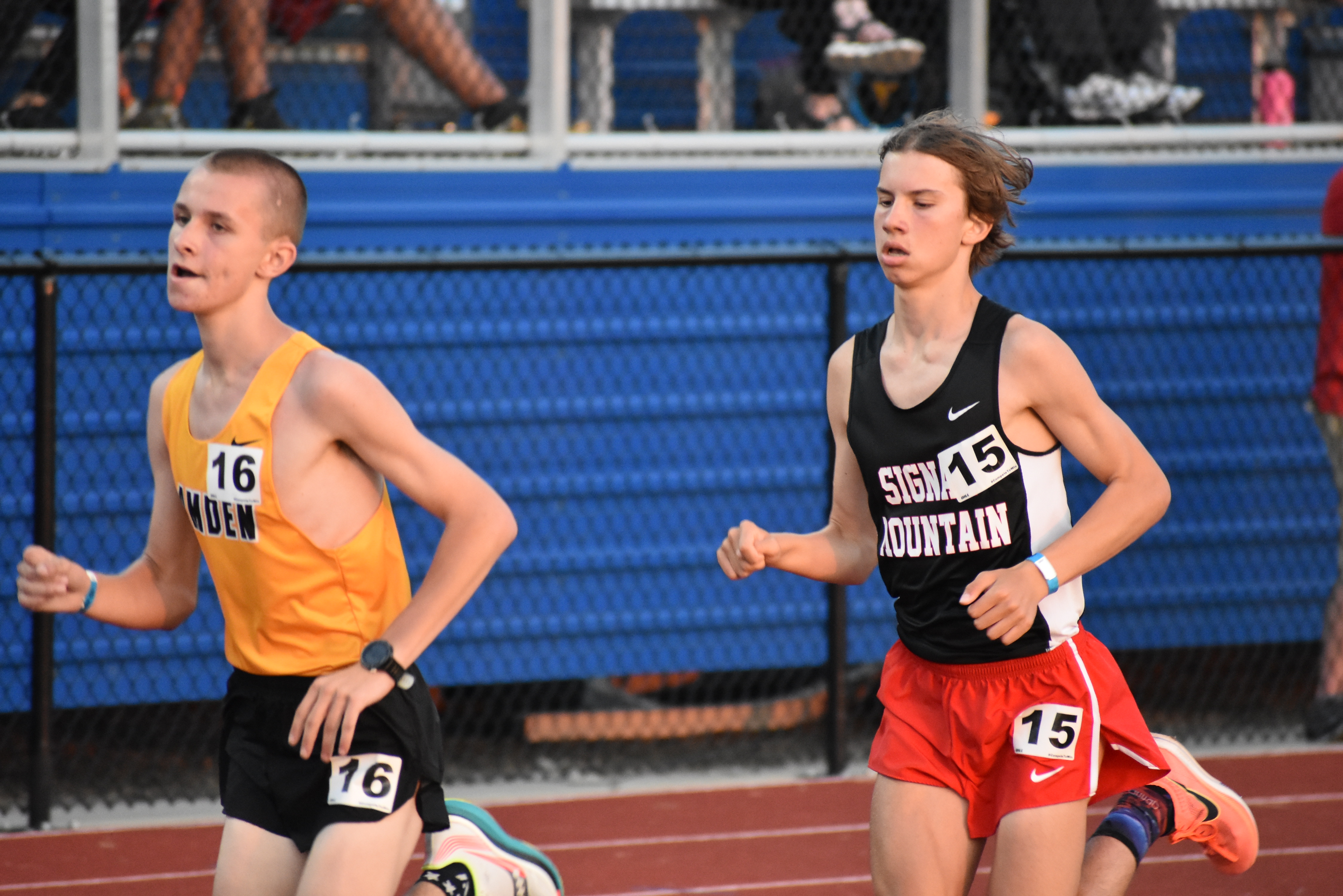 Staff photo by Patrick MacCoon / Signal Mountain distance star Joshua Pote races in the 3200 meter during Tuesday's TSSAA Division I Small School track and field championships.