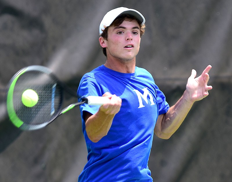 Staff Photo by Robin Rudd / McCallie's Will Leathers hits a forehand in his match with Ensworth's Eli Schuh at the Adams Tennis Comples during the TSSAA Spring Fling in Murfreesboro on May 25, 2021.