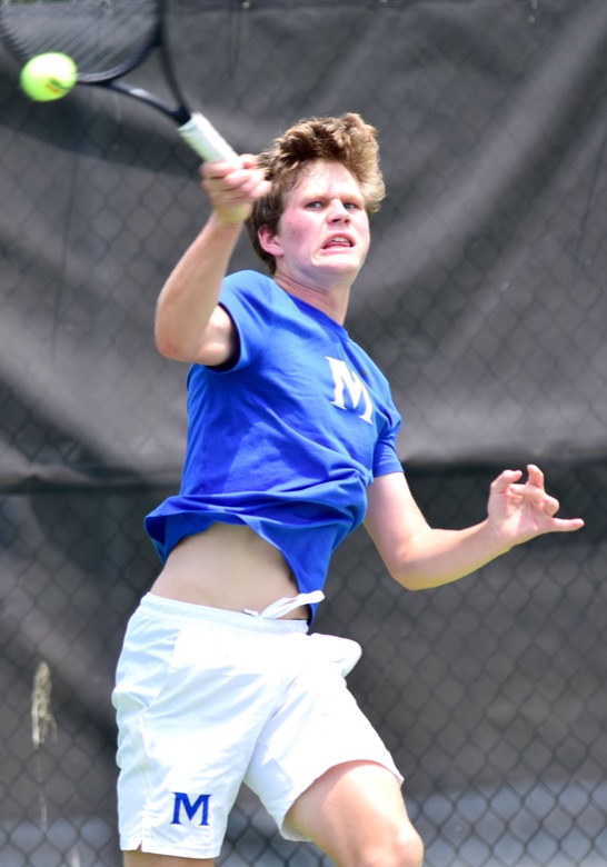 Staff Photo by Robin Rudd / McCallie's Andreas Sillaste hits a forehand in his match with Ensworth's Hank Throndson at the Adams Tennis Comples during the TSSAA Spring Fling in Murfreesboro on May 25, 2021.