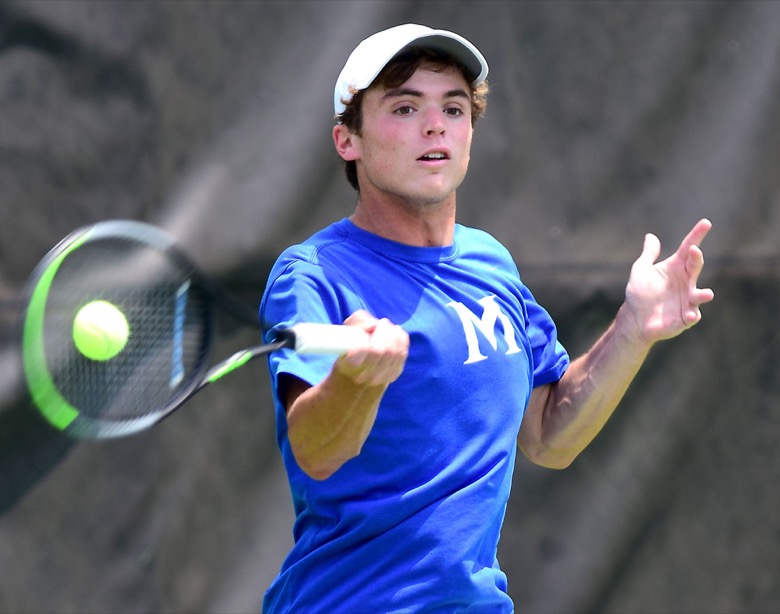 Staff Photo by Robin Rudd / McCallie's Will Leathers hits a forehand in his match with Ensworth's Eli Schuh at the Adams Tennis Comples during the TSSAA Spring Fling in Murfreesboro on May 25, 2021.