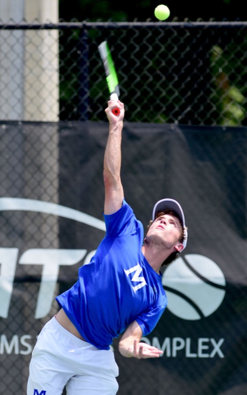 Staff Photo by Robin Rudd / McCallie's Will Leathers serves the ball in his match with Ensworth's Eli Schuh at the Adams Tennis Comples during the TSSAA Spring Fling in Murfreesboro on May 25, 2021.