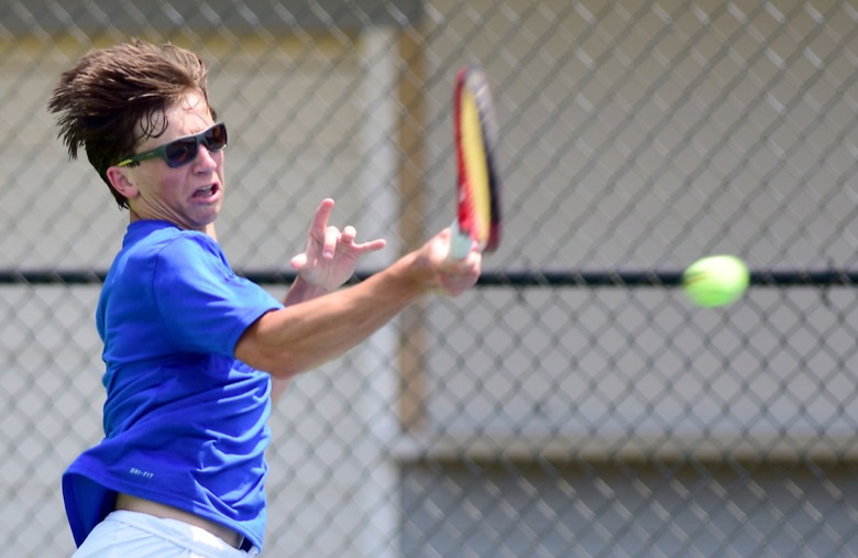 Staff Photo by Robin Rudd / McCallie's Gabe Getz hits a forehand in his match with Ensworth's Owen Irving at the Adams Tennis Comples during the TSSAA Spring Fling in Murfreesboro on May 25, 2021.