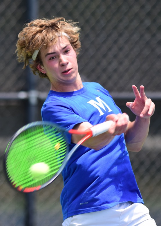 Staff Photo by Robin Rudd / McCallie's Colin Tuttle hits a forehand in his match with Ensworth's Karim Daouk at the Adams Tennis Comples during the TSSAA Spring Fling in Murfreesboro on May 25, 2021. in TSSAA Spring Fling action in Murfreesboro on May 25, 2021.