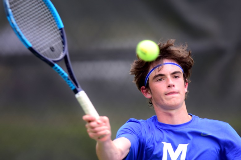 Staff Photo by Robin Rudd / McCallie's Charlie Griffin hits a forehand in his match with Ensworth's John Morrow at the Adams Tennis Comples during the TSSAA Spring Fling in Murfreesboro on May 25, 2021.