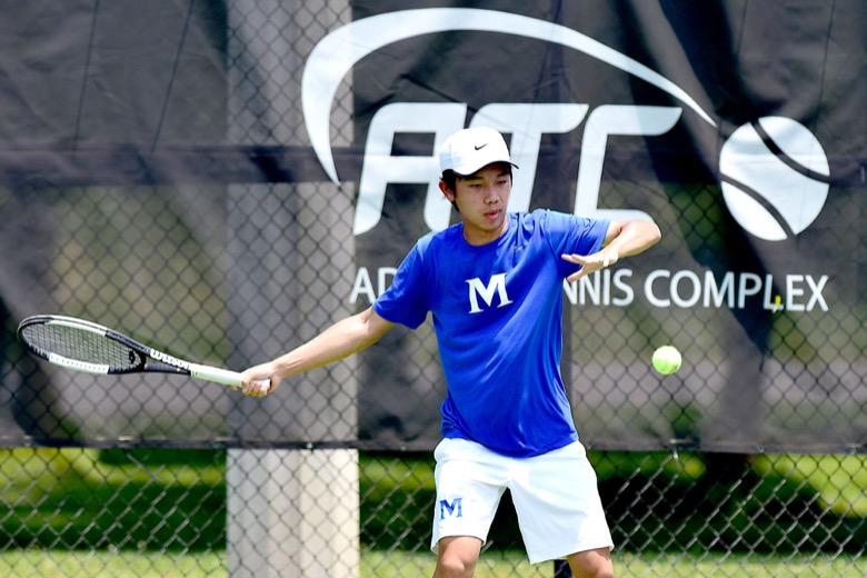 Staff Photo by Robin Rudd / McCallie's Richy Jing hits a forehand in his match with Ensworth's Thomas Armstrong at the Adams Tennis Comples during the TSSAA Spring Fling in Murfreesboro on May 25, 2021.