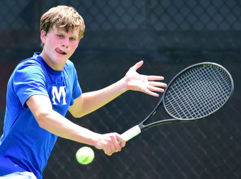 Staff Photo by Robin Rudd / McCallie's Andreas Sillaste runs down a backhand in his match with Ensworth's Hank Throndson at the Adams Tennis Comples during the TSSAA Spring Fling in Murfreesboro on May 25, 2021.