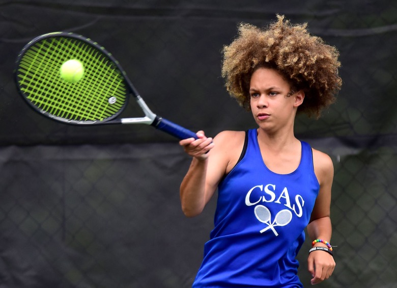Staff Photo by Robin Rudd / Chattanooga School for Arts and Sciences's Sunshine Finnell returns a forehand in the match with Madison Magnet in TSSAA Spring Fling action in Murfreesboro on May 25, 2021.