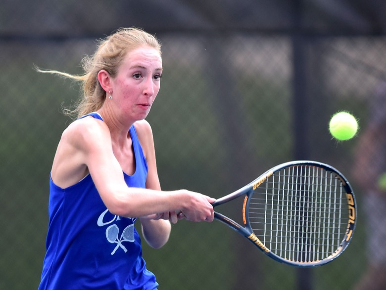 Staff Photo by Robin Rudd / Chattanooga School for Arts and Sciences's Amelia Hollingsworth hits a forehand in the match with Madison Magnet in TSSAA Spring Fling action in Murfreesboro on May 25, 2021.
