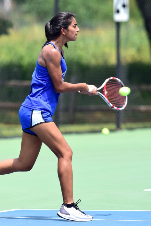 Staff Photo by Robin Rudd / Chattanooga School for Arts and Sciences's Rethika Ambalam hits a forehand in the match with Madison Magnet in TSSAA Spring Fling action in Murfreesboro on May 25, 2021.