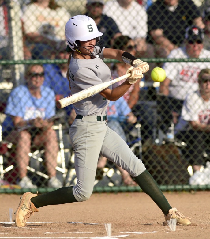 Staff Photo by Robin Rudd / Silverdale's Kennedy Stinson (5) makes contact. Silverdale faced Tipton-Rosemark in TSSAA Spring Fling softball action at the the Starplex in Murfreesboro on May 25, 2021.