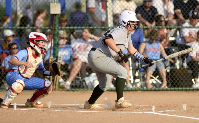 Staff Photo by Robin Rudd / Silverdale's McCade Cooper (44) heads to first for a single. Silverdale faced Tipton-Rosemark in TSSAA Spring Fling softball action at the the Starplex in Murfreesboro on May 25, 2021.