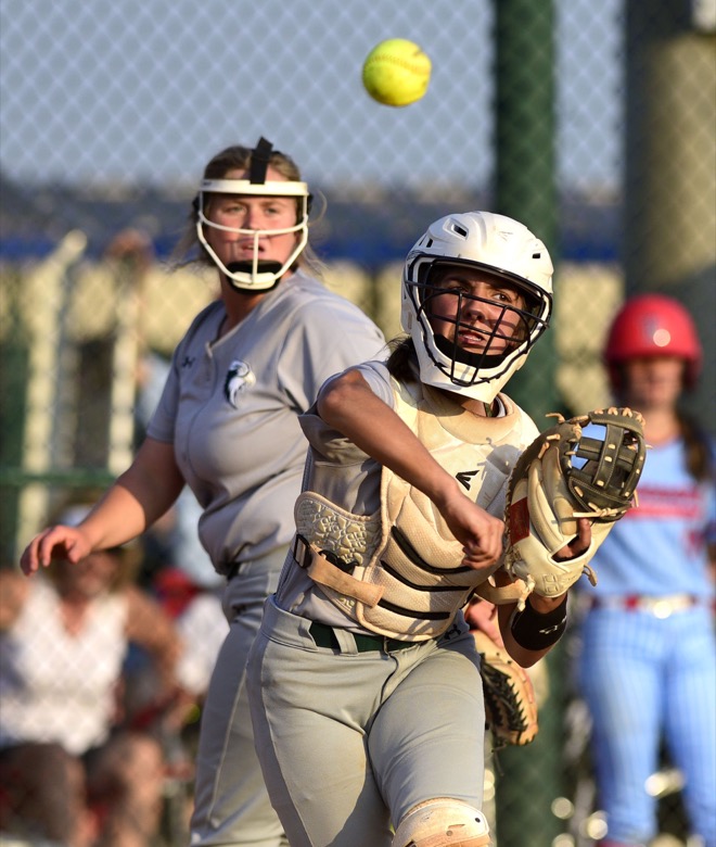 Staff Photo by Robin Rudd / Silverdale catcher Gabriella Hensley (14) tries to throw out a batter who bunted. Silverdale faced Tipton-Rosemark in TSSAA Spring Fling softball action at the the Starplex in Murfreesboro on May 25, 2021.