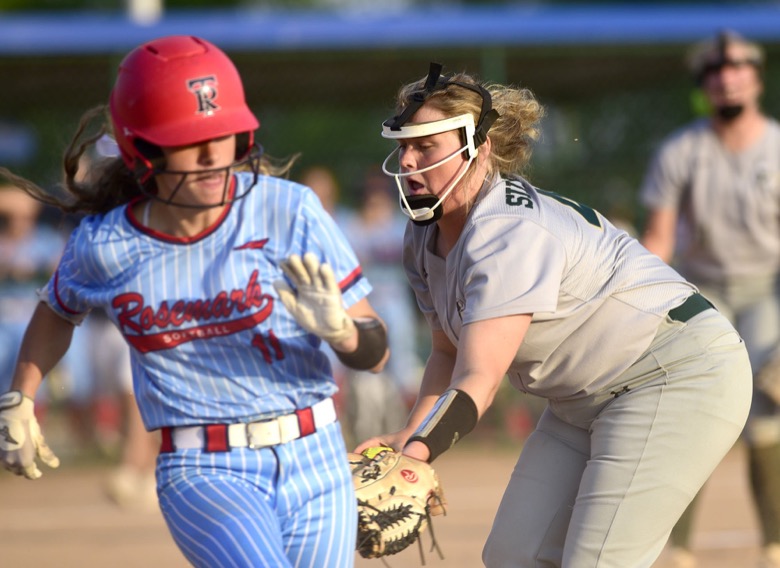 Staff Photo by Robin Rudd / Silverdale first baseman McCade Cooper (44) just misses the tage on a Tipton-Rosemark runner. Silverdale faced Tipton-Rosemark in TSSAA Spring Fling softball action at the the Starplex in Murfreesboro on May 25, 2021.