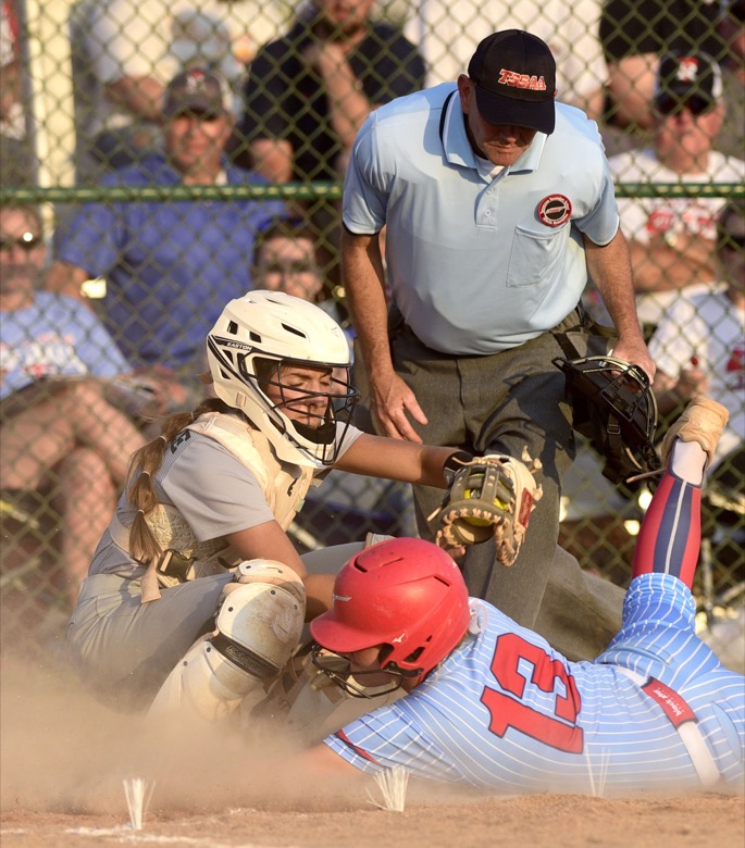 Staff Photo by Robin Rudd / Silverdale catcher Gabriella Hensley (14) tags outs a Tipton-Rosemark runner at home. Silverdale faced Tipton-Rosemark in TSSAA Spring Fling softball action at the the Starplex in Murfreesboro on May 25, 2021.