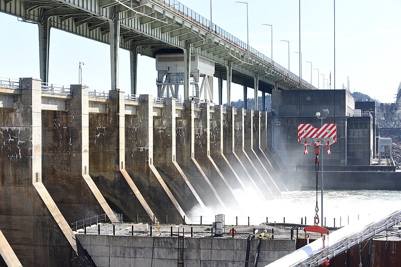 Staff Photo by Matt Hamilton / The Chickamauga Dam on the Tennessee River on Wednesday, Feb. 3, 2021. The dam erected in 1940 is getting a new $757 million lock to expand the capacity of barge shipments between the Chickamauga and Nickajack reservoirs.