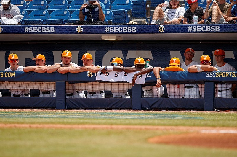 Tennessee Athletics photo / Tennessee players watch from the dugout during Wednesday afternoon's 3-2 loss to Alabama in 11 innings at the SEC baseball tournament.