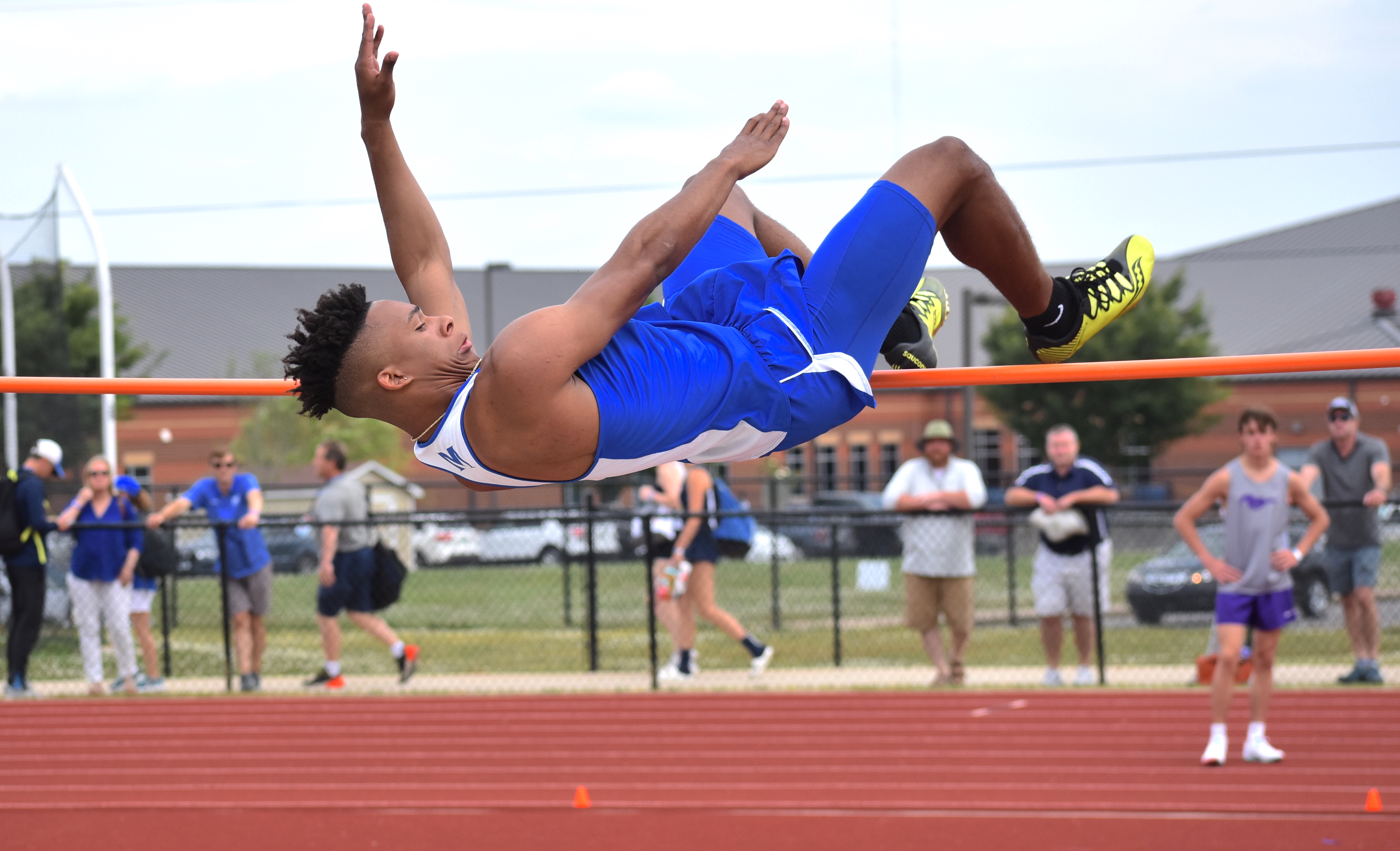 Staff photo by Patrick MacCoon / McCallie senior Eric Rivers clears the bar in the high jump at the TSSAA Division II-AA state meet Wednesday in Murfreesboro.