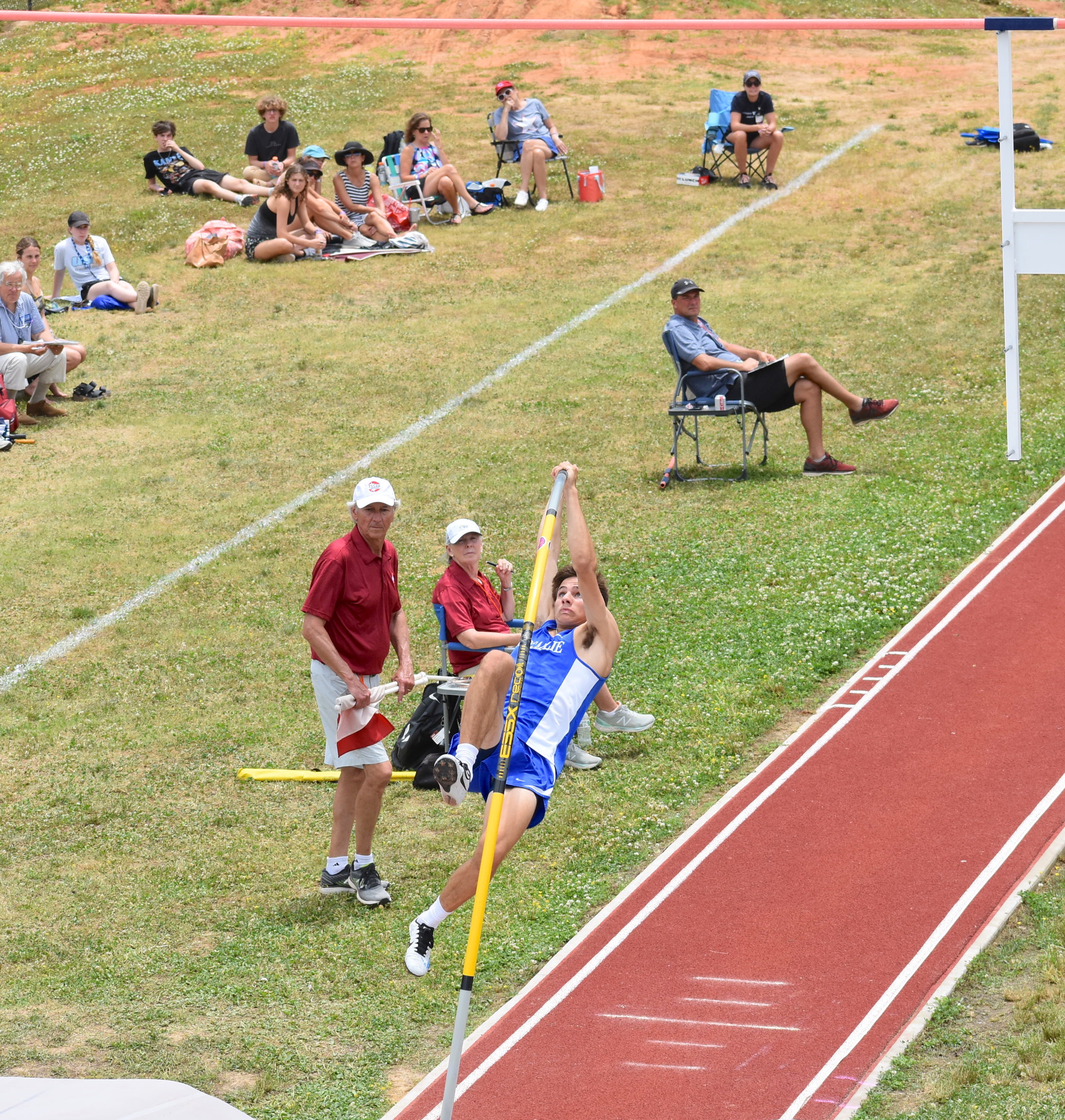 Staff photo by Patrick MacCoon / McCallie senior Jack Braman set a school record by clearing 14 feet, 5 inches as he finished second in pole vault competition at the TSSAA Division II-AA state meet Wednesday in Murfreesboro.