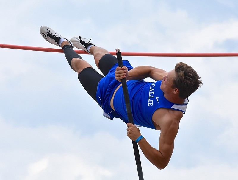 Staff photo by Patrick MacCoon / McCallie senior Michael May competes in the pole vault at the TSSAA Division II-AA state meet Wednesday in Murfreesboro.