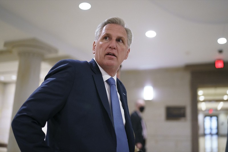 House Minority Leader Kevin McCarthy, R-Calif., and fellow Republicans gather to consider a replacement for Rep. Liz Cheney, R-Wyo., was ousted from the GOP leadership Wednesday for criticizing former President Donald Trump, at the Capitol in Washington, Thursday, May 13, 2021. Republicans will vote Friday morning for a new chair for the House Republican Conference. (AP Photo/J. Scott Applewhite)