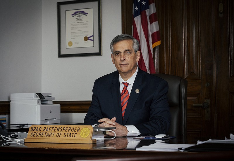FILE -- Georgia Secretary of State Brad Raffensperger in his office at the state Capitol in Atlanta on March 10, 2021. Raffensperger, the top elections official in Georgia, debunked former President Donald Trump's false claims about election fraud in the state.  (Audra Melton/The New York Times)